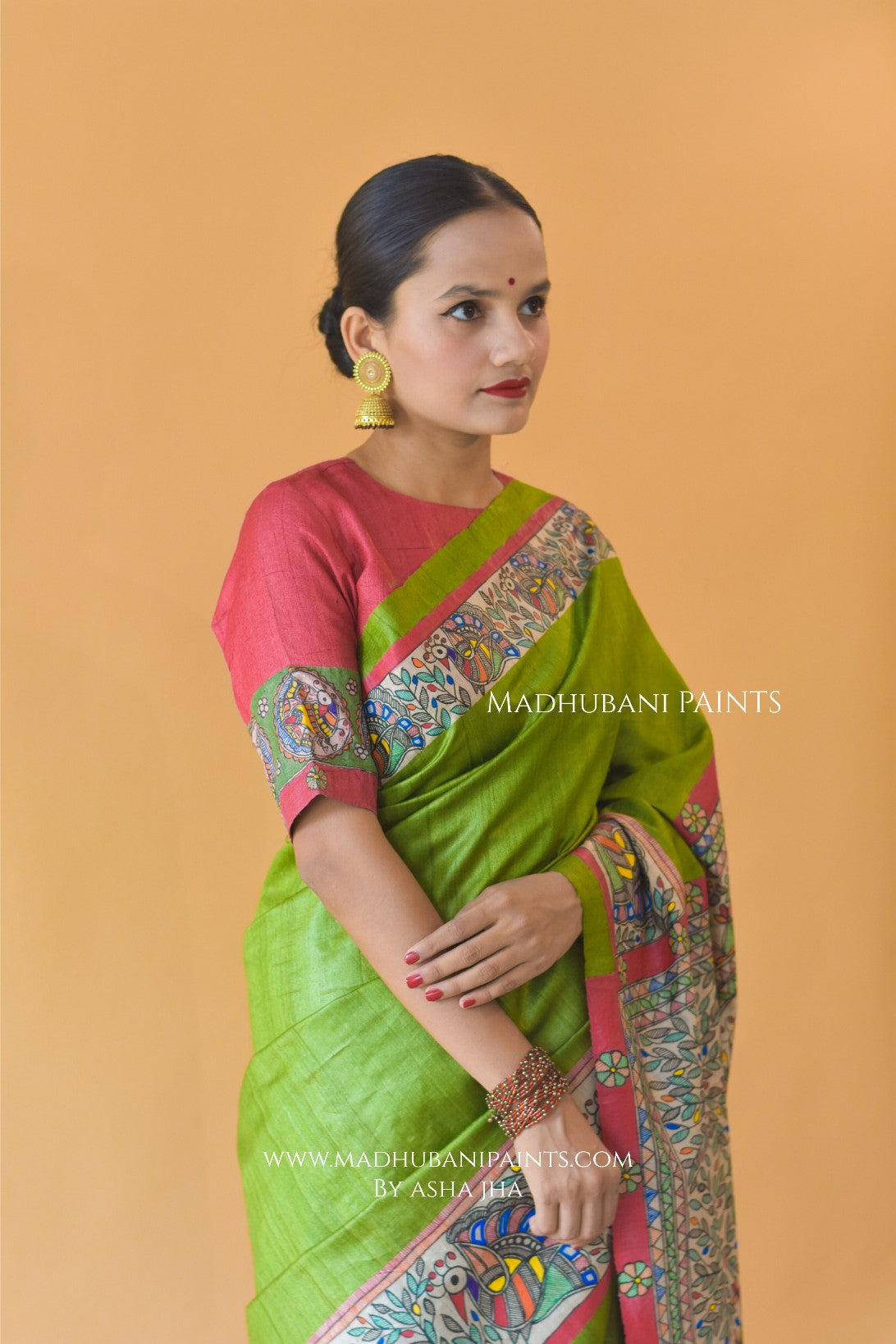 'HARI MORNI' Handpainted Madhubani Tussar Silk Saree Blouse Set