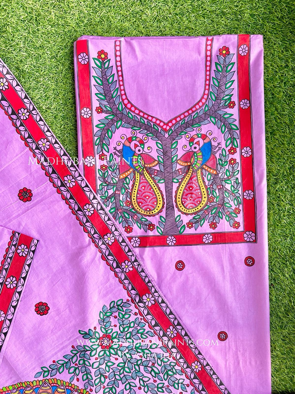 Lilac Judwa Mayuri Hand-painted Madhubani Painting Cotton Unstitched Kurta Pant Dupatta Set