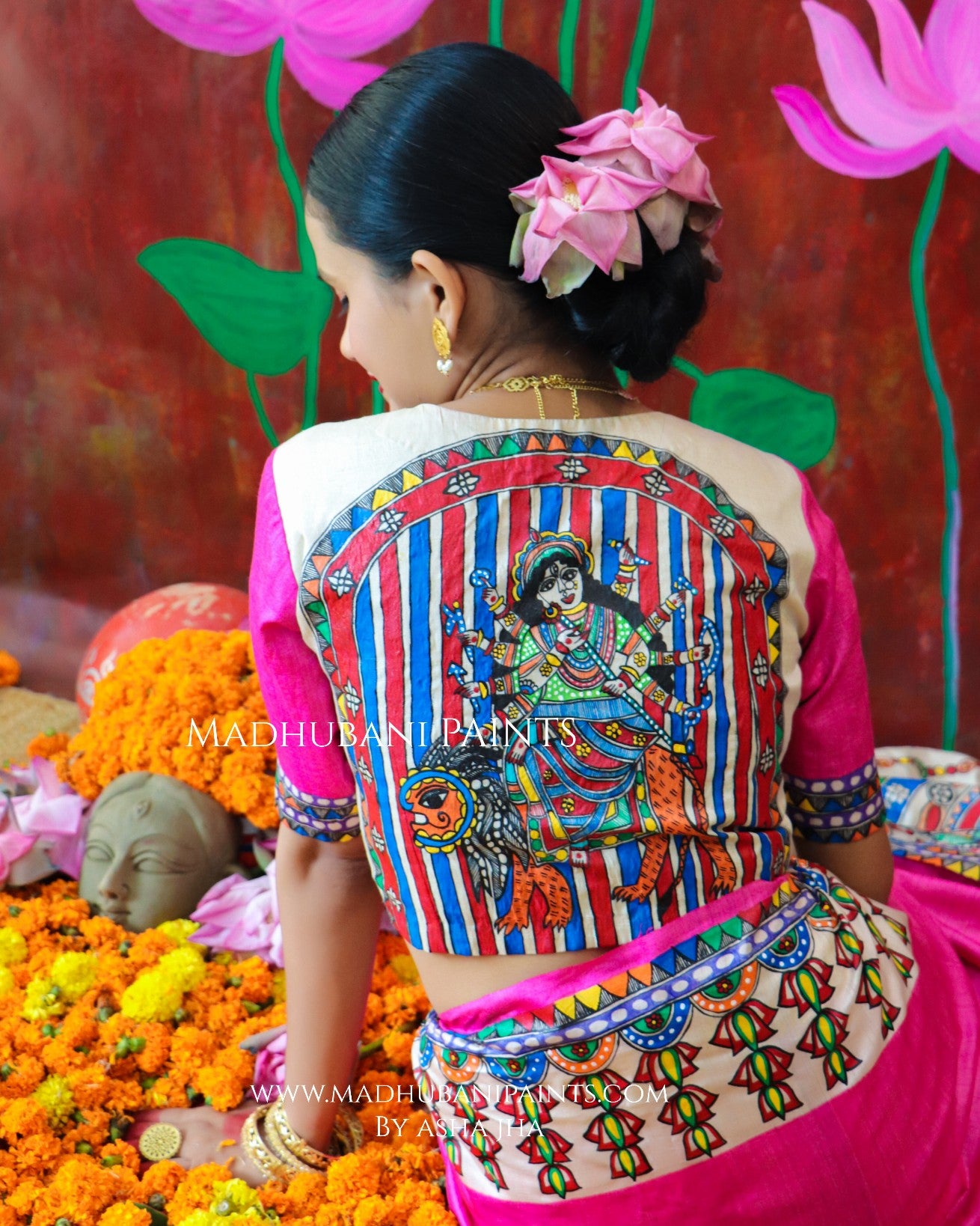 'PADMANABHA SAHODARI' Handpainted Madhubani Tussar Silk Saree Blouse Set