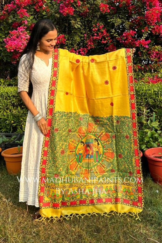 'MITHILANCHAL DOLI' Handpainted Madhubani Tussar Silk Dupatta