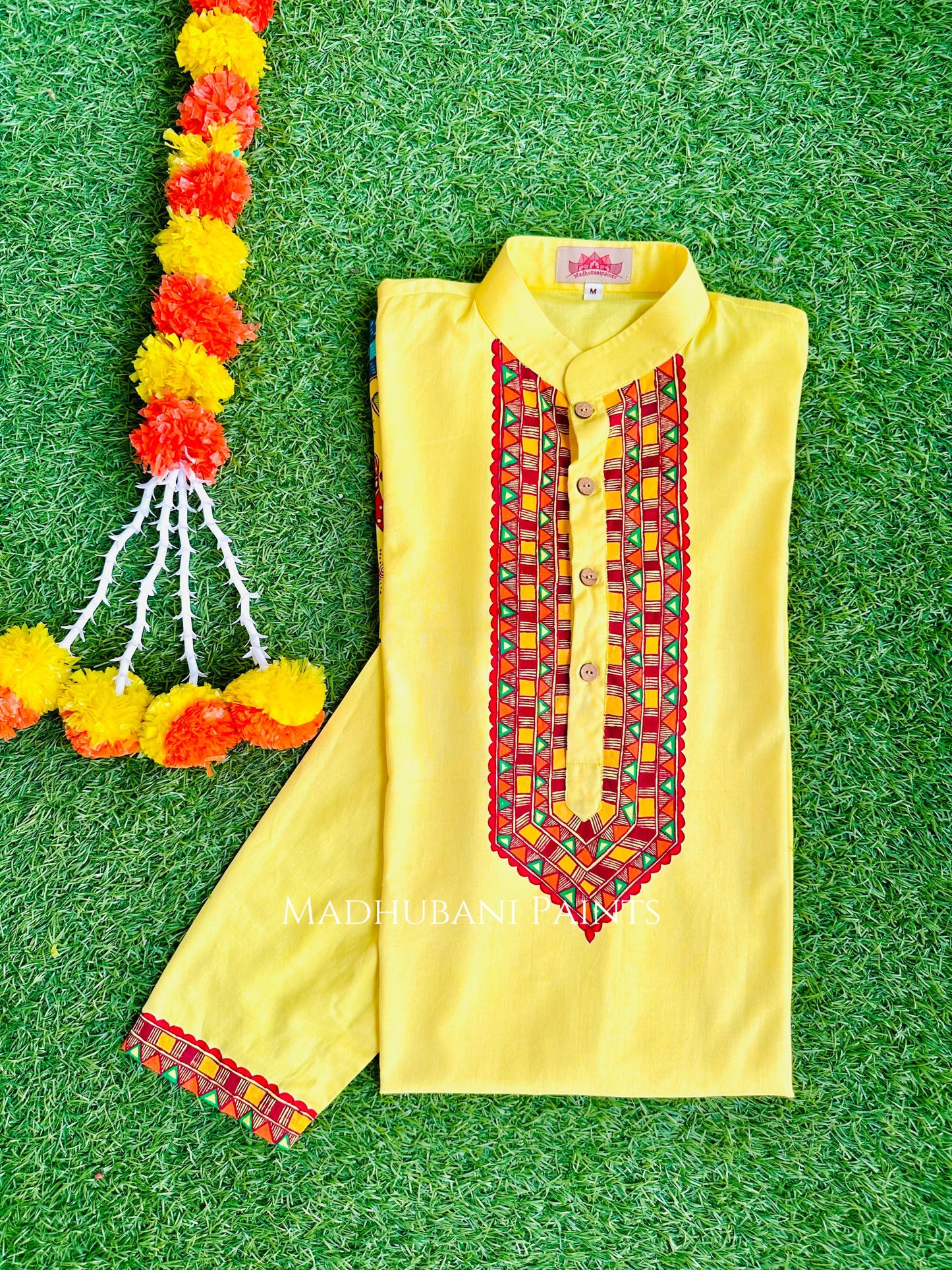 Yellow Chhath Puja Hand-painted  Madhubani Men's Cotton Kurta