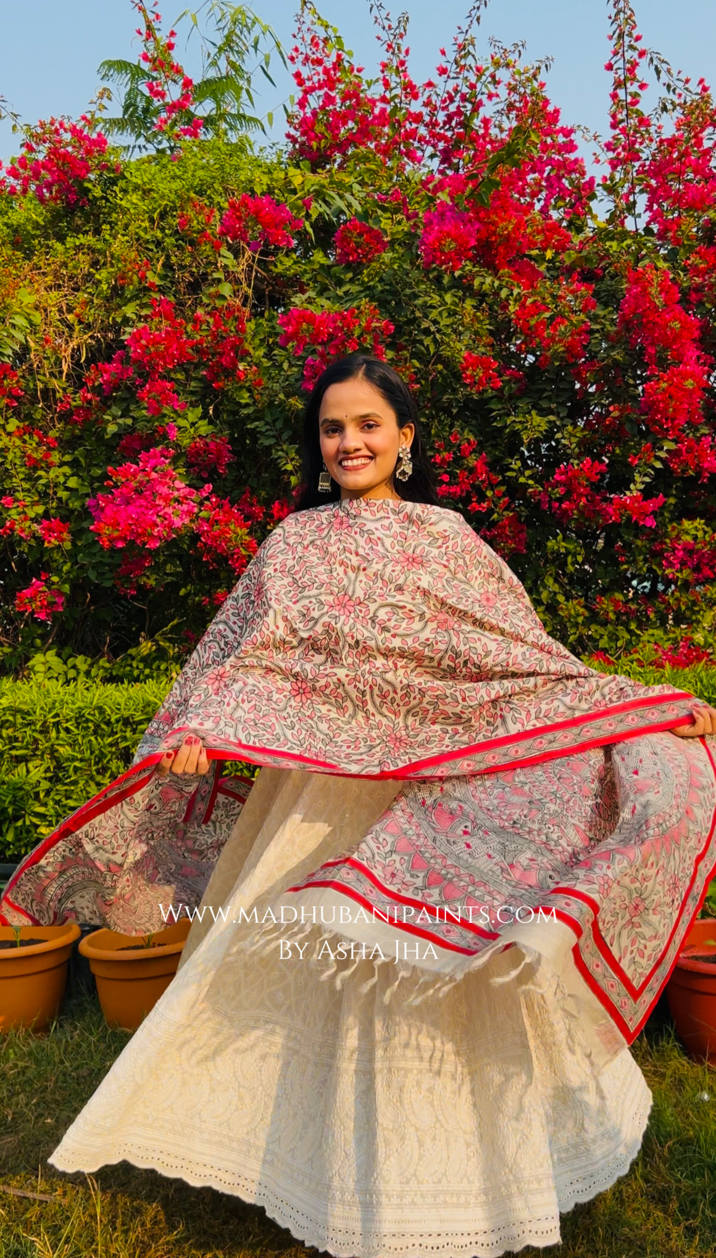 'PRAKRITIK SANGEET' Handpainted Madhubani Tussar Silk Dupatta