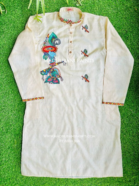 Krishna's Mor Paankh  Boota Hand-painted  Madhubani Men's Tussar Silk Kurta