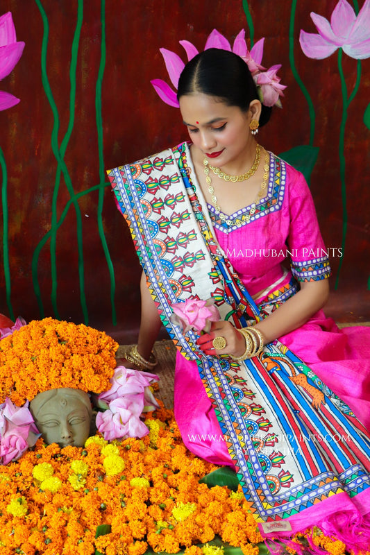 'PADMANABHA SAHODARI' Handpainted Madhubani Tussar Silk Saree