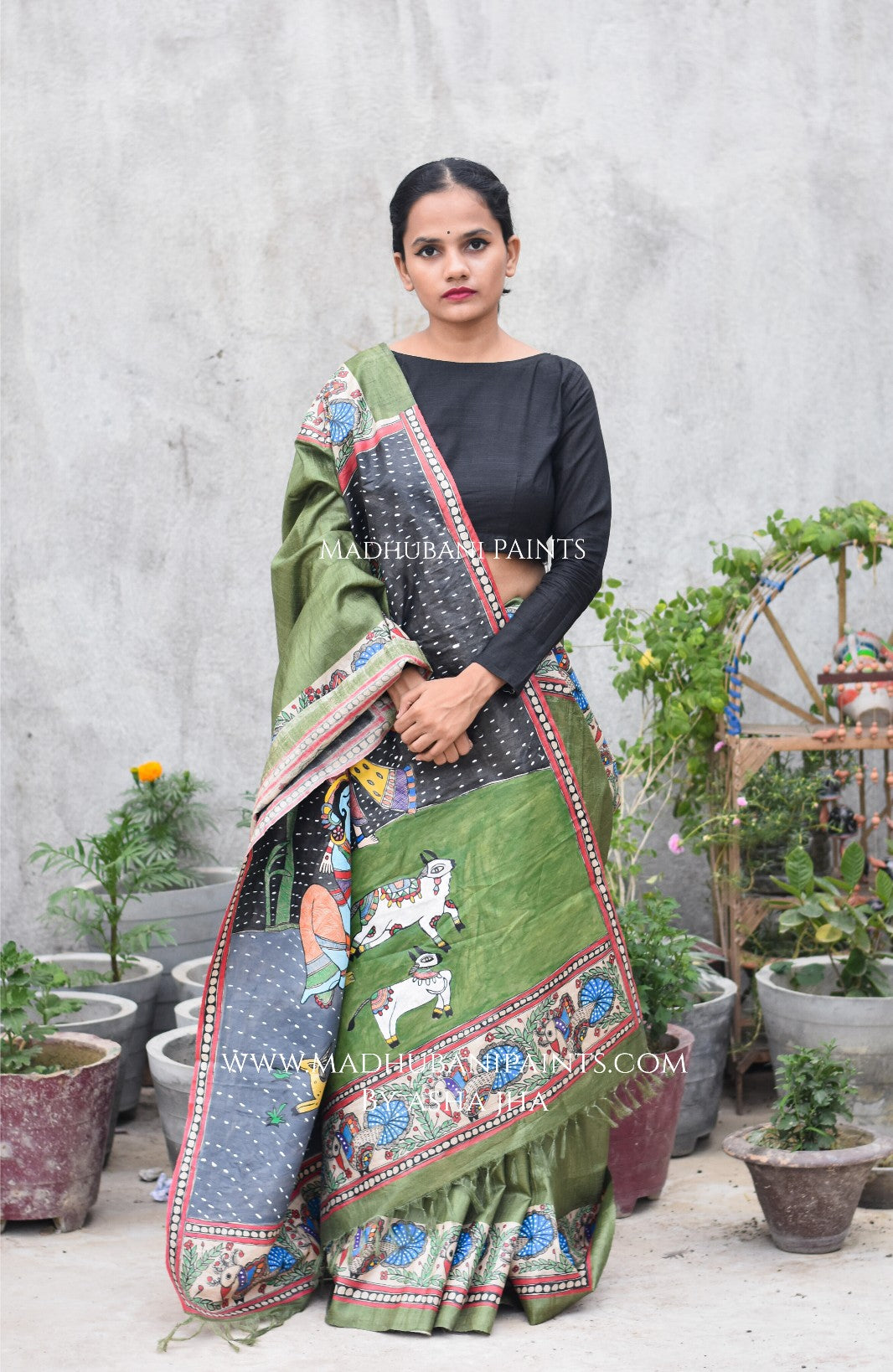 Krishna Baarish Madhubani Hand-painted Saree