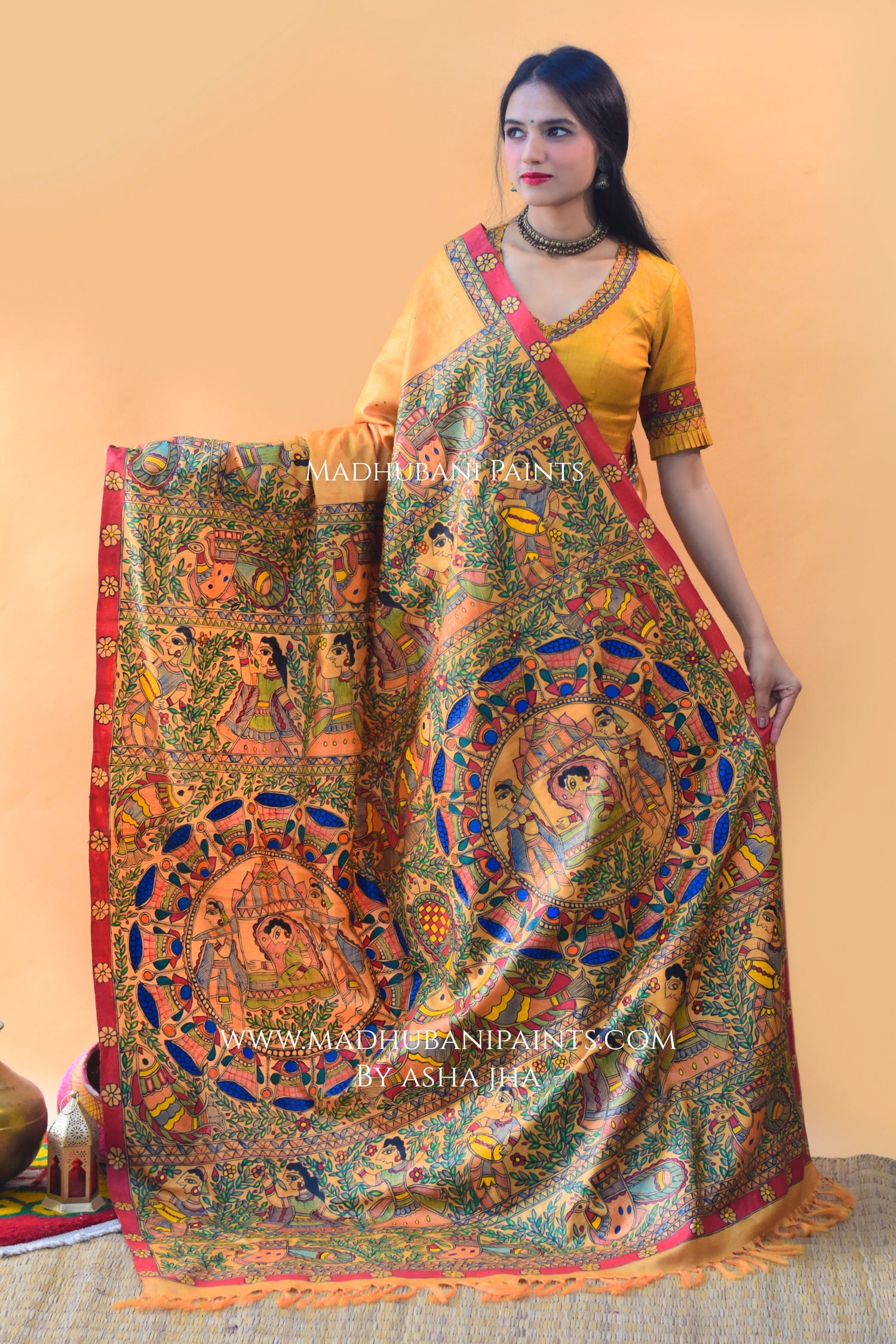 Green Madhubni Hand Painted Tussar Ghicha Silk Saree | Peepal Clothing