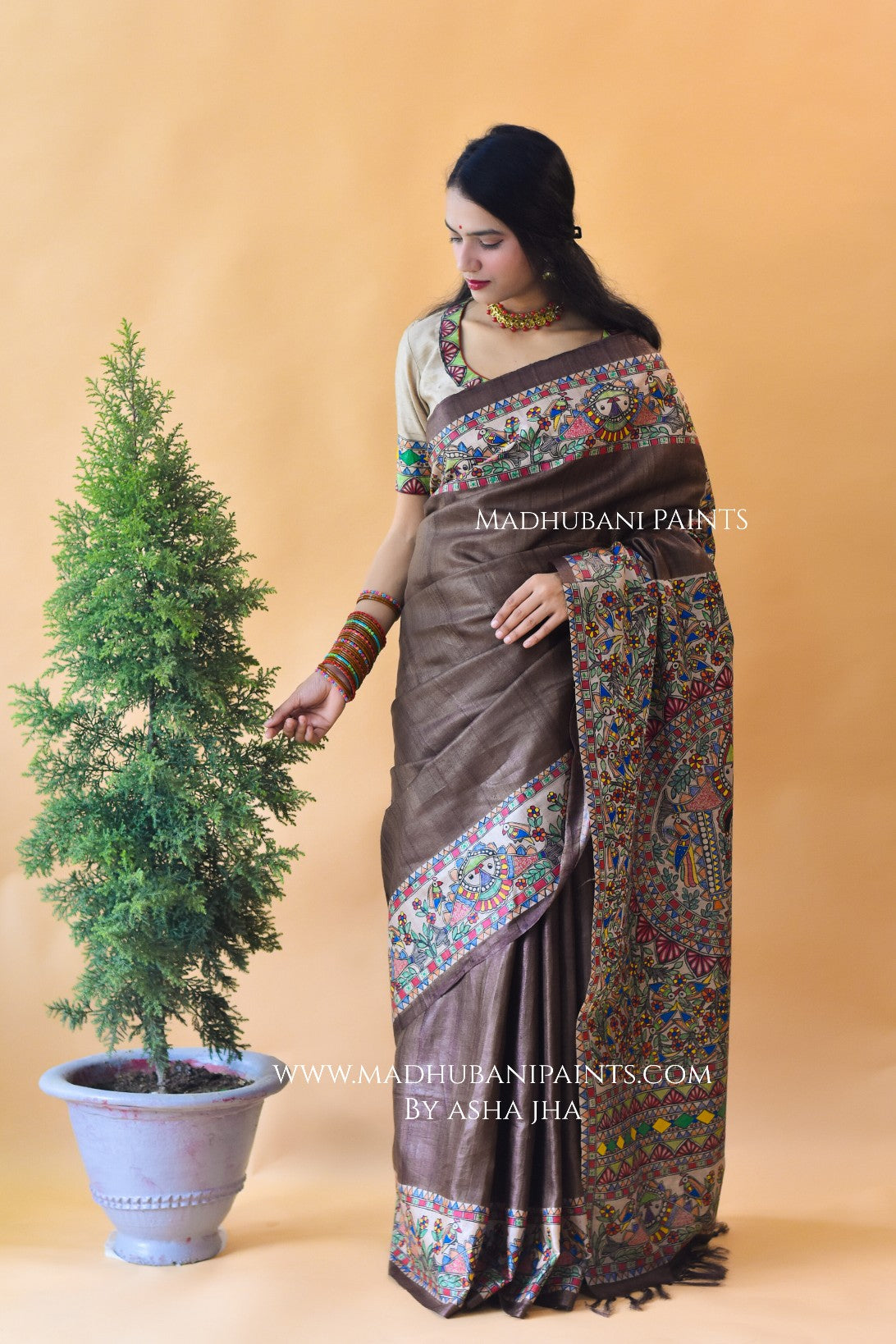 SUNDERBAN SAHELI Hand-painted Madhubani Tussar Silk Saree