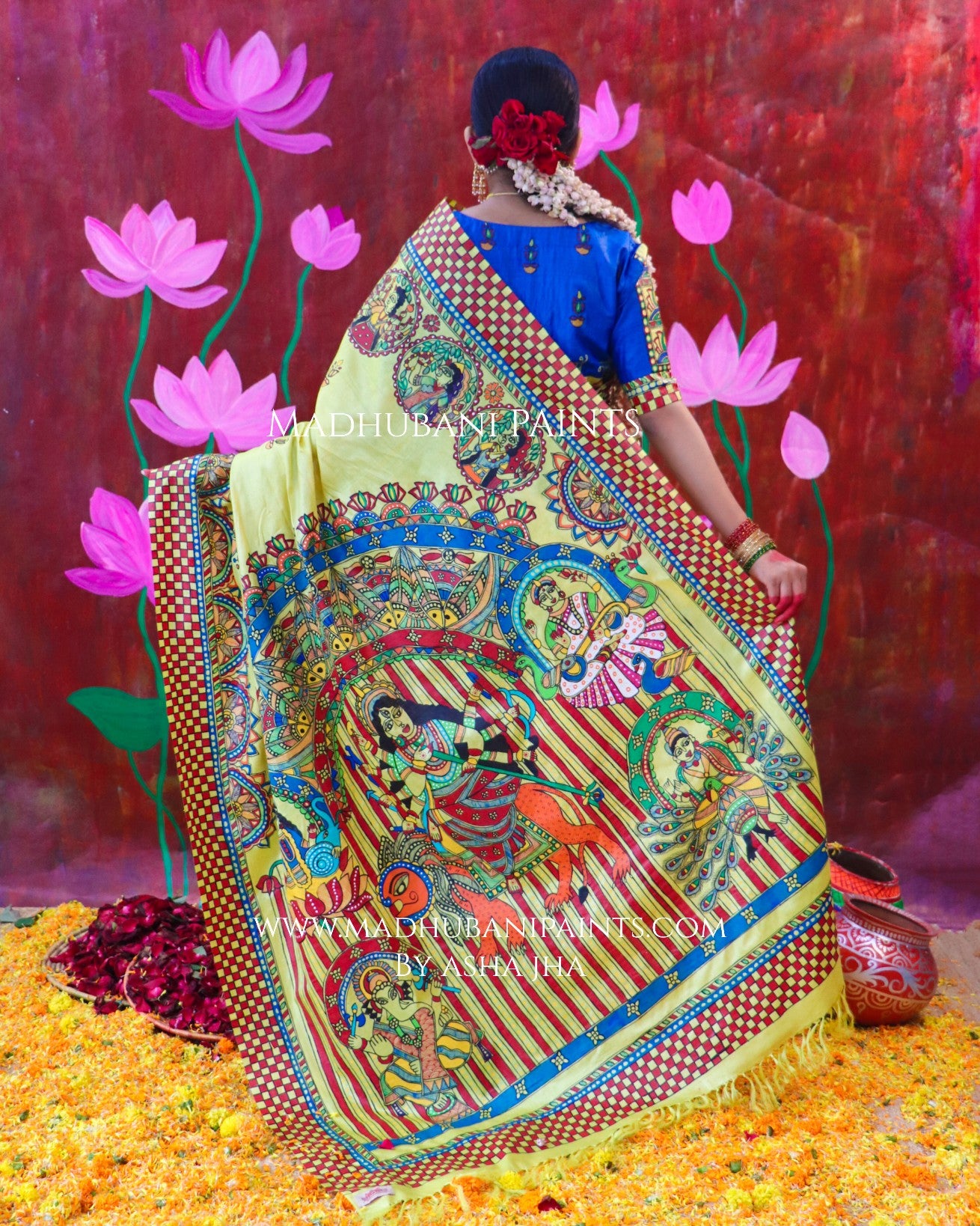 "KAMAKSHI" Handpainted Madhubani Tussar Silk Saree