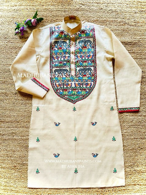 Hathi Mor Machli with Boota Hand-painted Madhubani Men's Tussar Silk Kurta