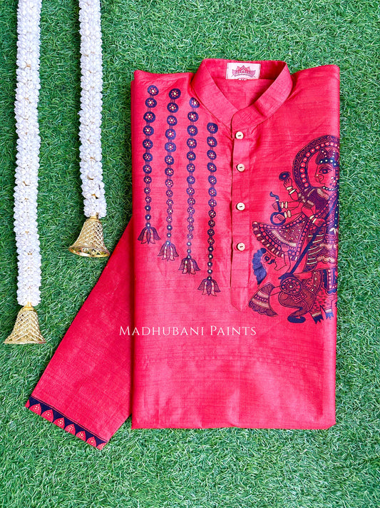 UTKARSHINI Hand-painted Handloom Red Men's Tussar Silk Kurta