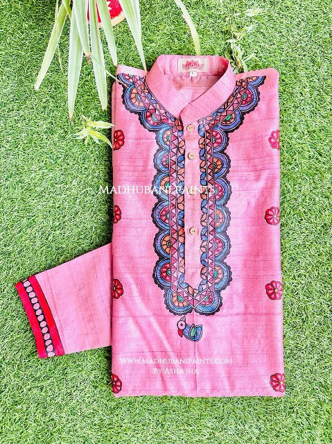 Pink Mithila Flowers Hand-painted  Madhubani Men's Tussar Silk Kurta