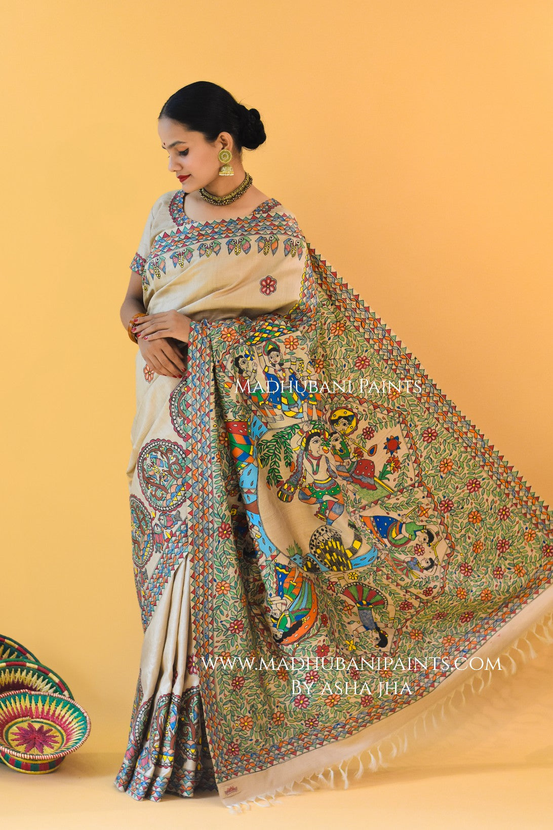 'PYAARE KANHA' Handpainted Madhubani Tussar Silk Saree Blouse set