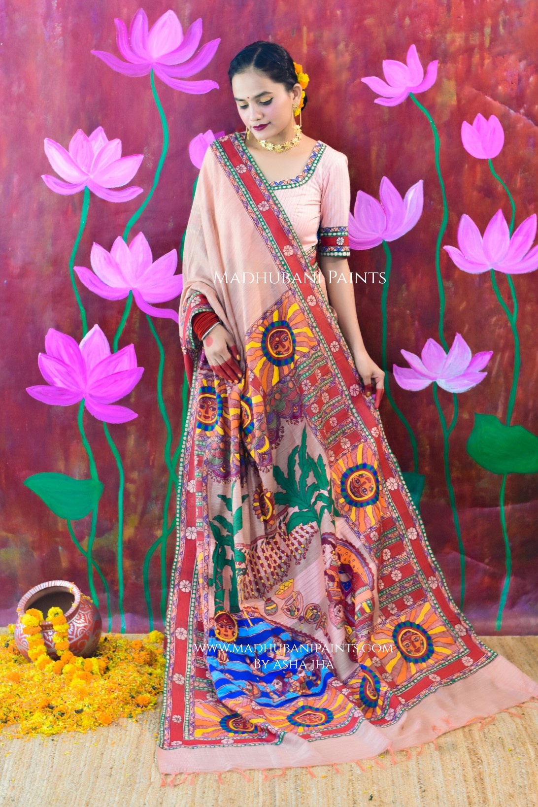 VRAT VARDHINI Chhath Puja Handpainted Madhubani Chanderi Saree