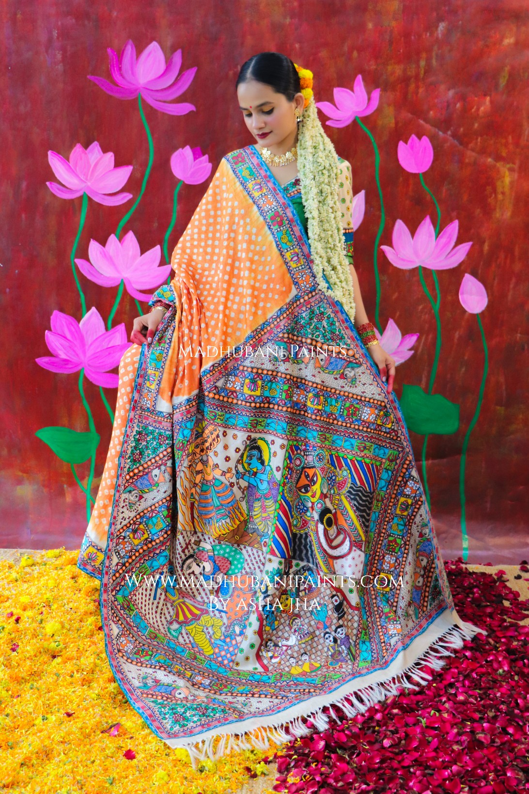 "BHARAT KA DUSSEHRA" Handpainted Madhubani Bandhini Tussar Silk Saree