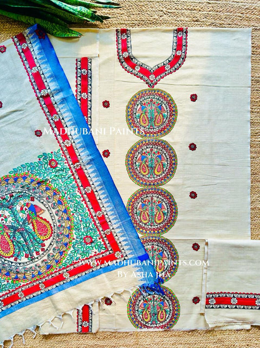 Sunehri Mayuri Hand-painted Madhubani Painting Cotton Unstitched Kurta Pant Dupatta Set