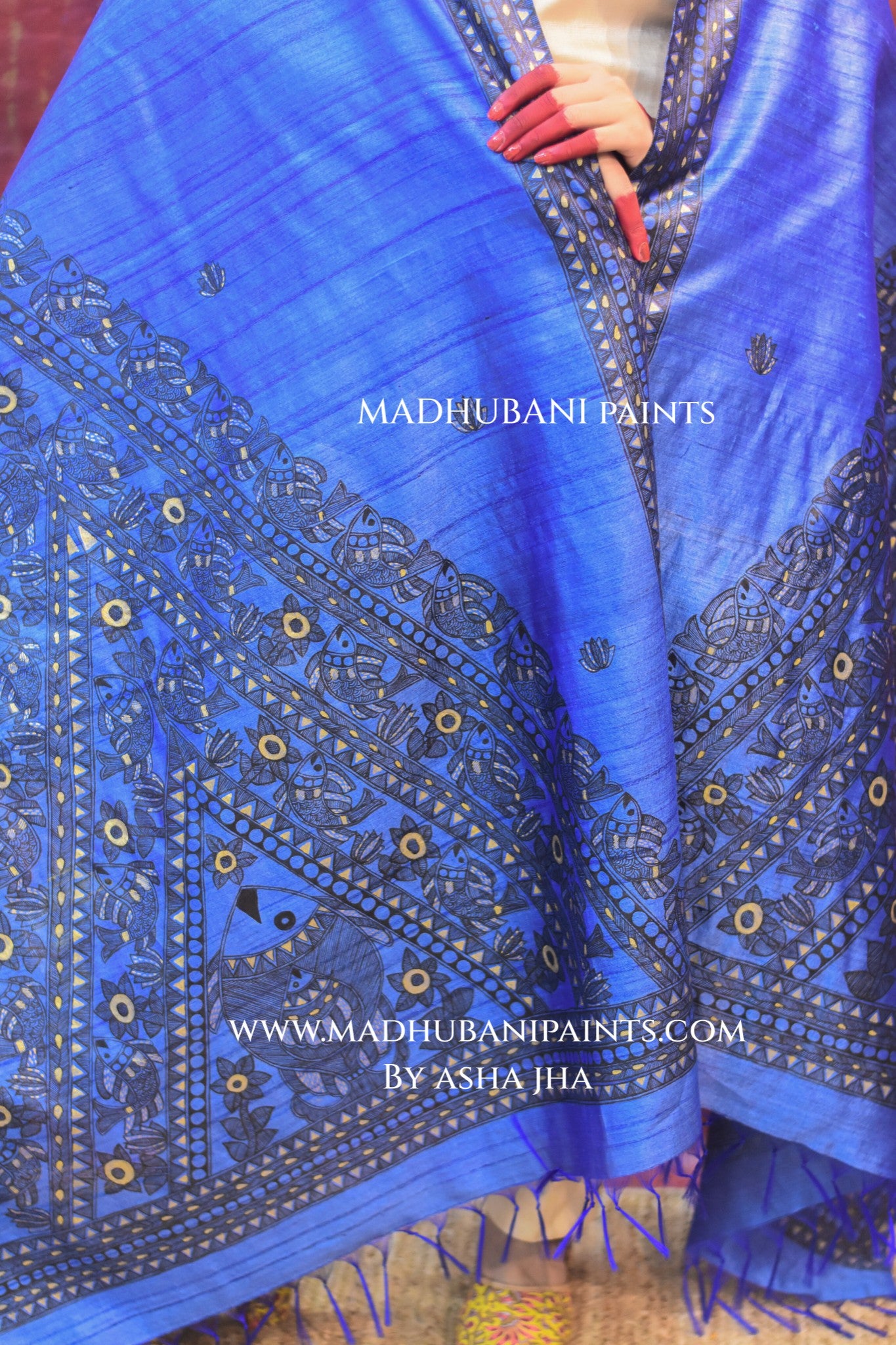 'NEEL SURMAI RANG' Handpainted Madhubani Tussar Silk Dupatta