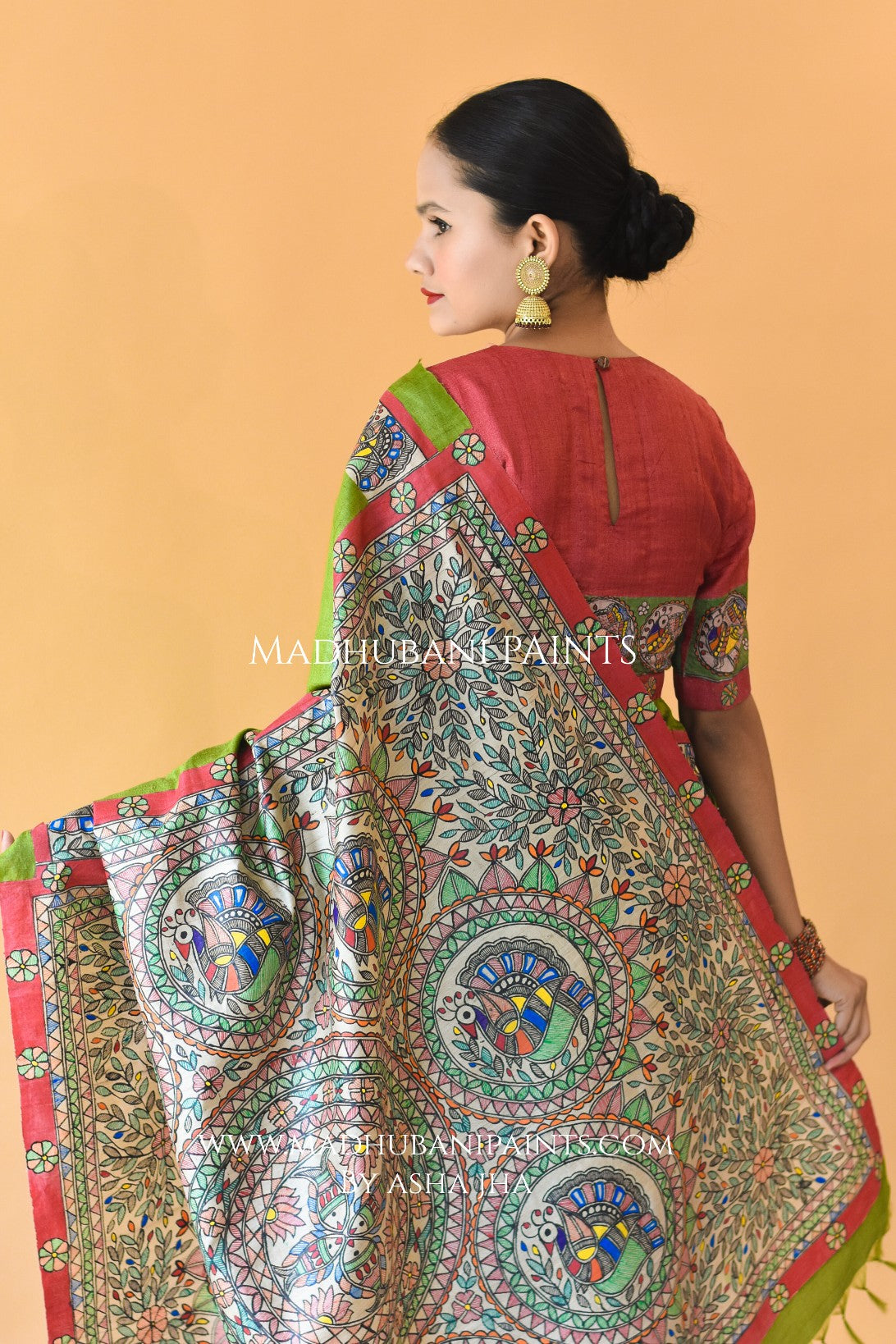 'HARI MORNI' Handpainted Madhubani Tussar Silk Saree