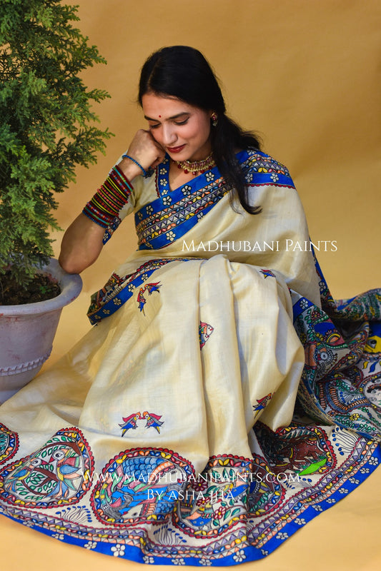 NISARG RANG Hand-painted Madhubani Tussar Silk Saree