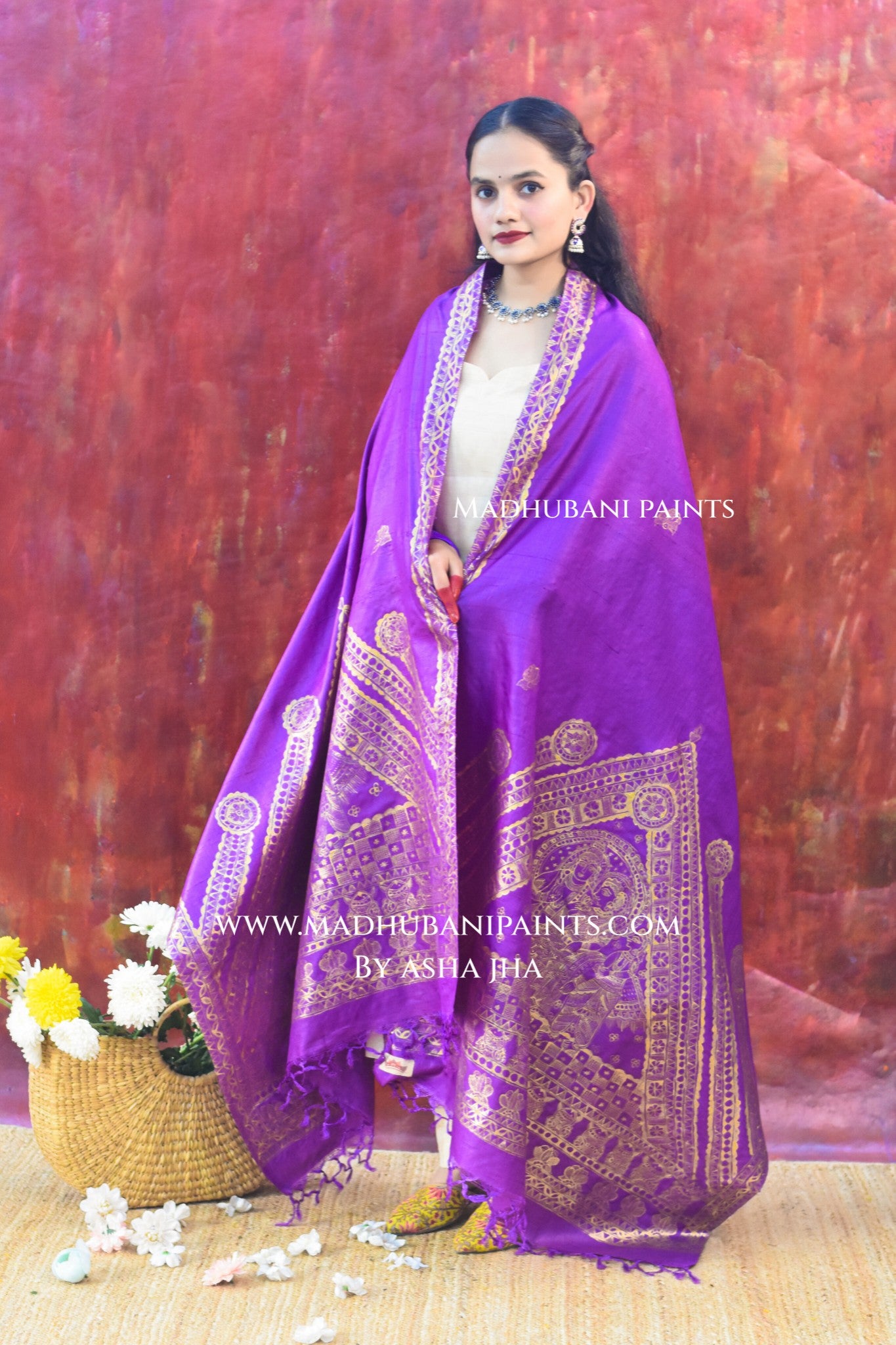 'RAM DARBAR' Handpainted Madhubani Tussar Silk Dupatta