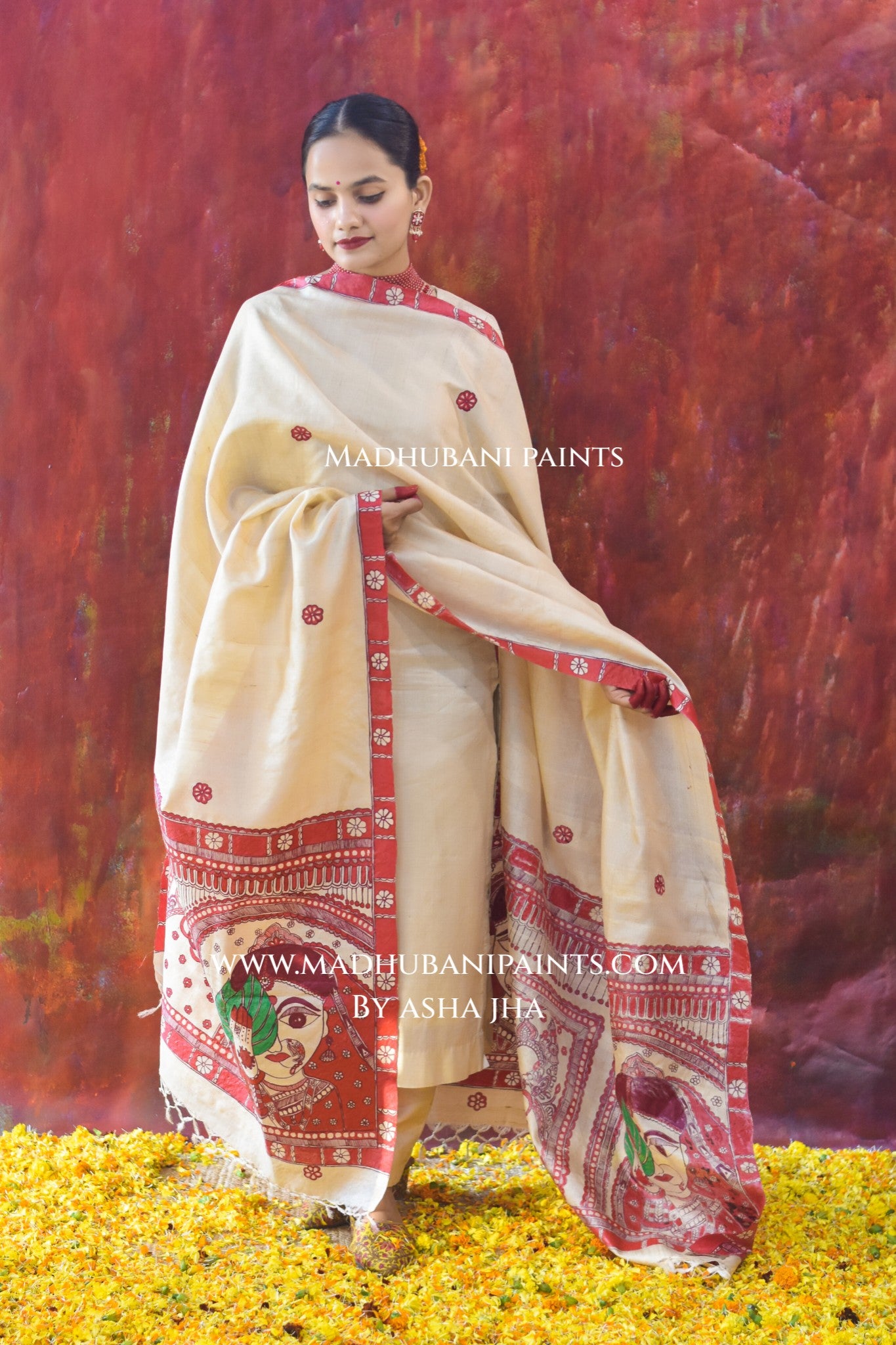 'BENGALI DULHAN' Handpainted Madhubani Tussar Silk Dupatta