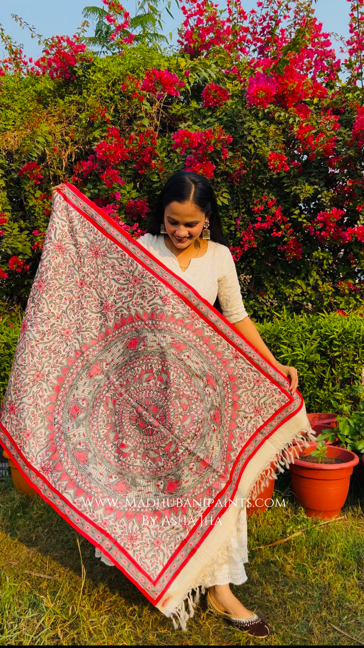 'PRAKRITIK SANGEET' Handpainted Madhubani Tussar Silk Dupatta