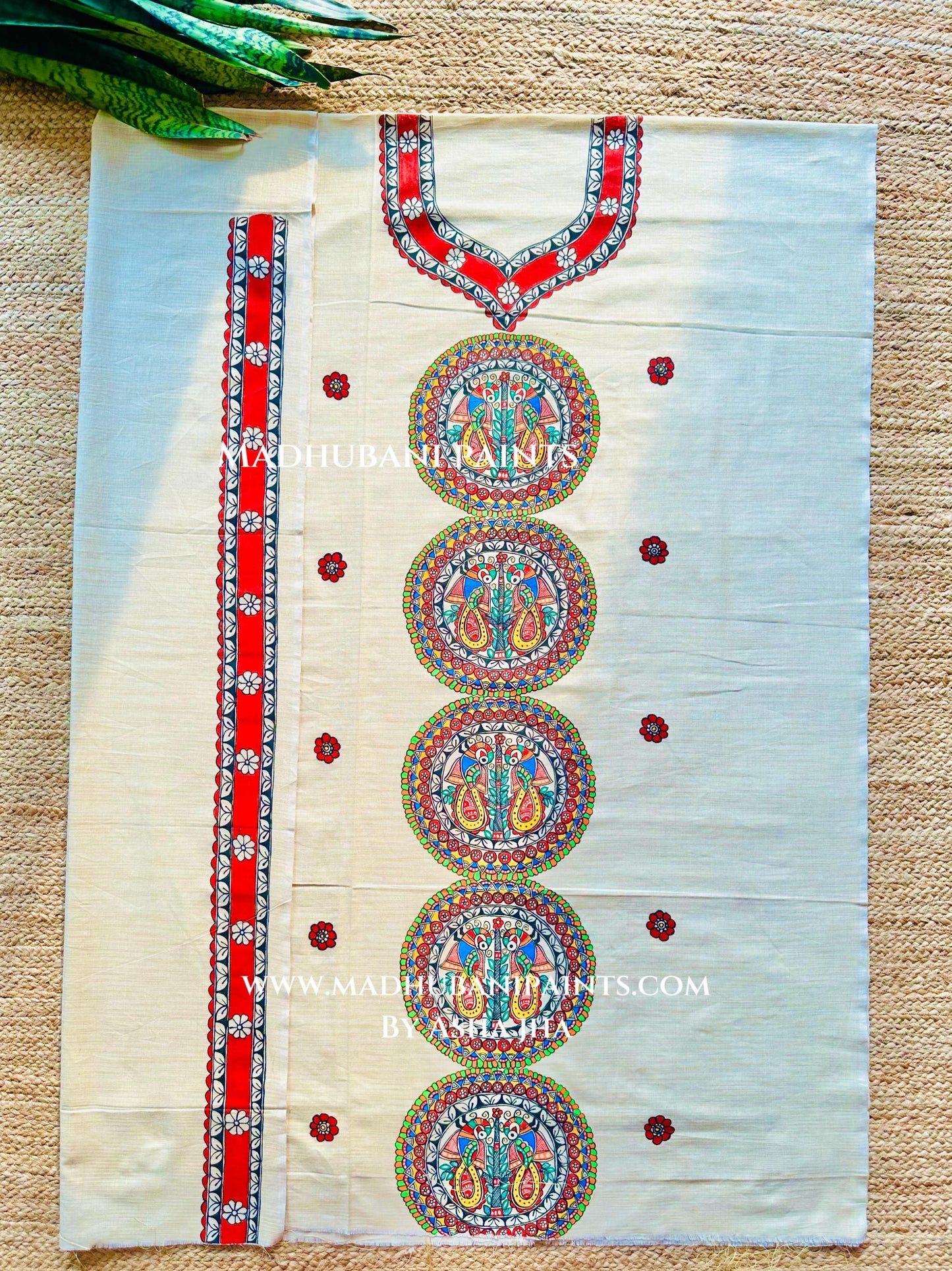 Sunehri Mayuri Hand-painted Madhubani Painting Cotton Unstitched Kurta Pant Dupatta Set