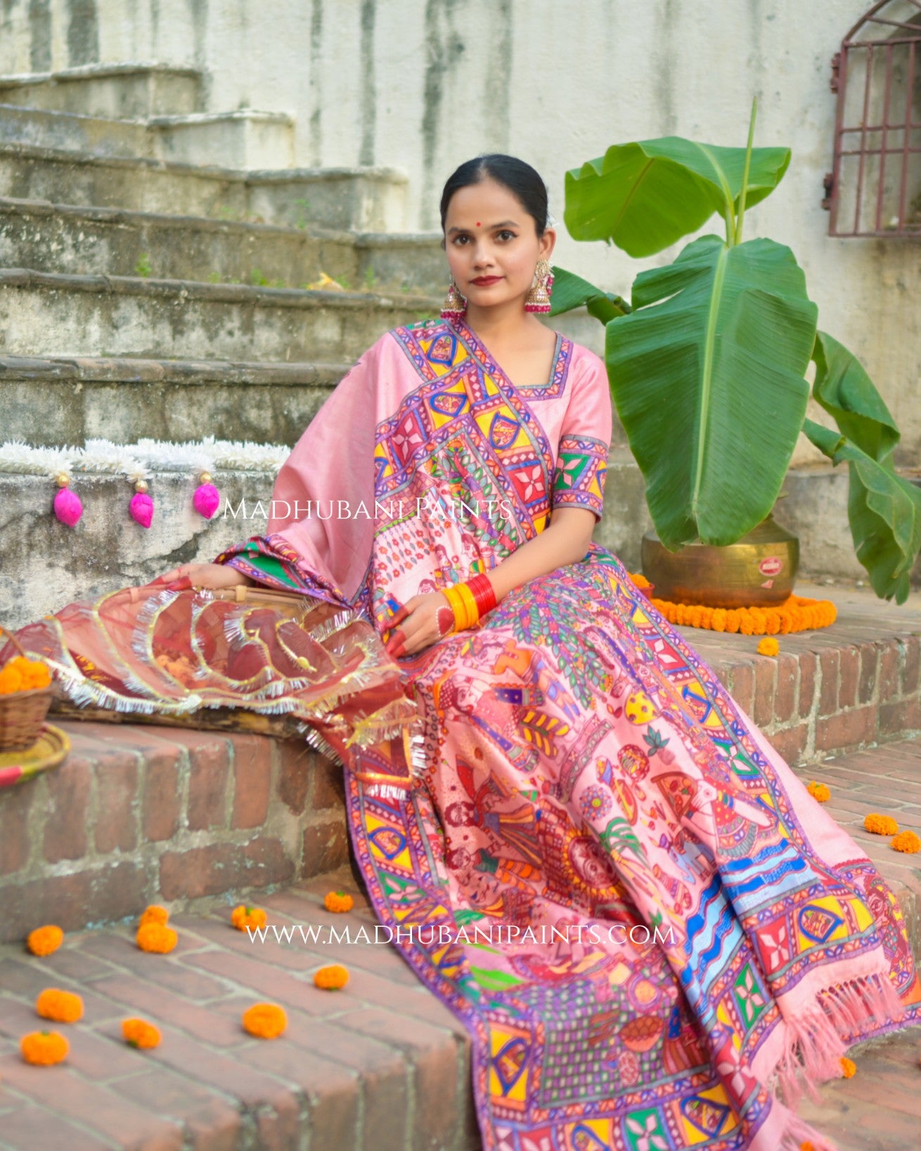 VRATI VANDANA Chhath Puja Handpainted Madhubani Tussar Silk Saree Blouse Set