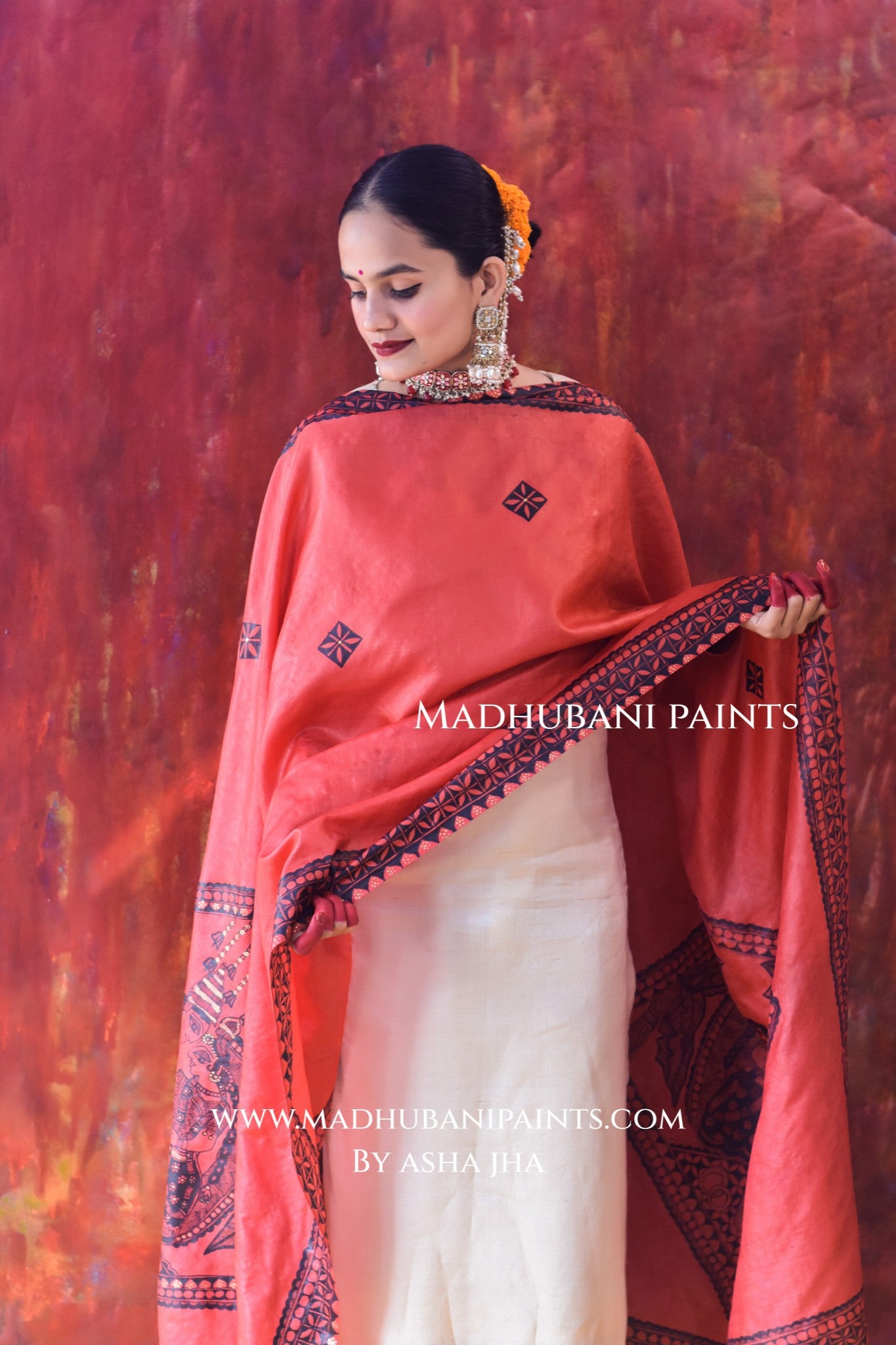 'DULHA DULHIN' Handpainted Madhubani Tussar Silk Dupatta