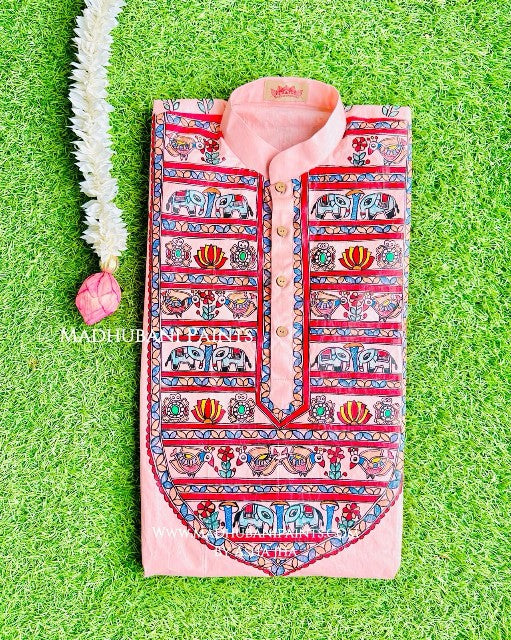 Pink Hathi Mor Machli  Hand-painted  Madhubani Men's Cotton Kurta