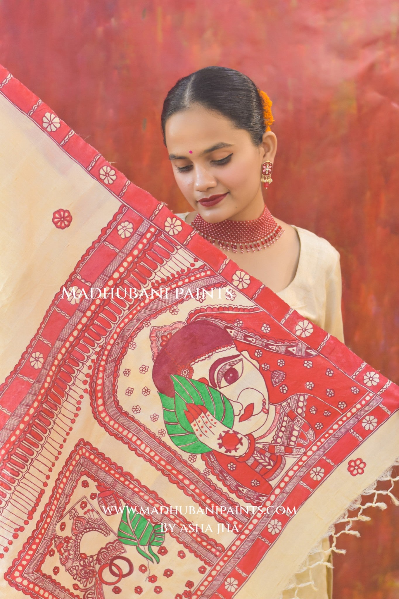 'BENGALI DULHAN' Handpainted Madhubani Tussar Silk Dupatta