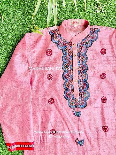 Pink Mithila Flowers Hand-painted  Madhubani Men's Tussar Silk Kurta