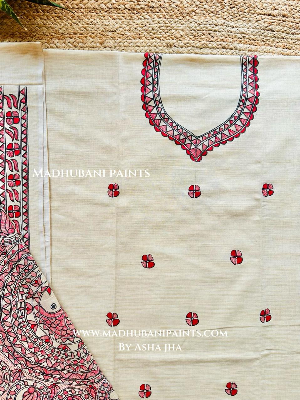 Saankh Kamal Hand-painted Madhubani Painting Cotton Unstitched Kurta Pant Dupatta Set