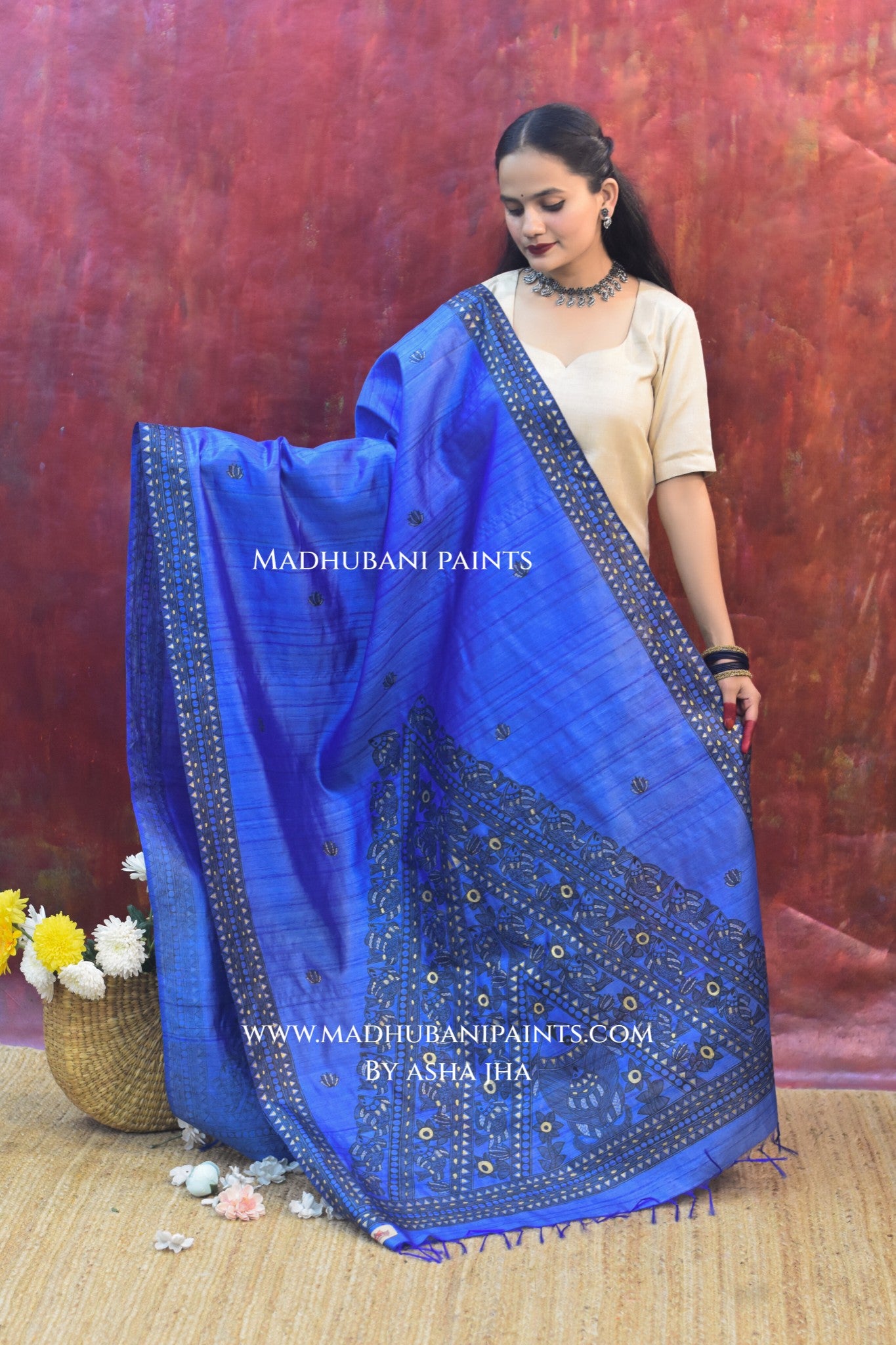 'NEEL SURMAI RANG' Handpainted Madhubani Tussar Silk Dupatta