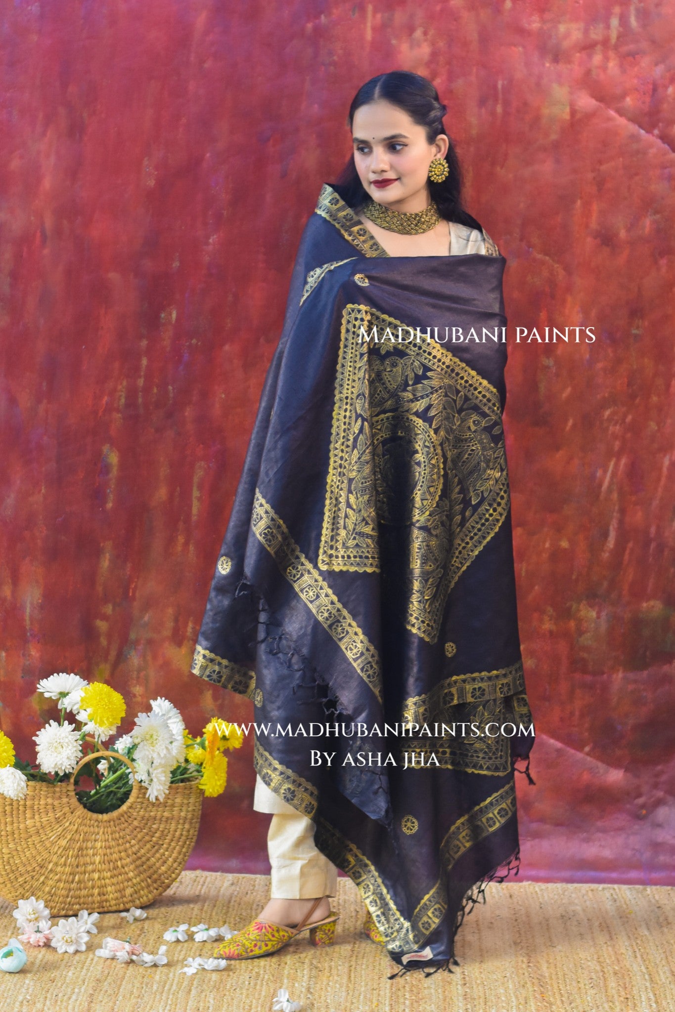 'KAALI MORNI' Handpainted Madhubani Tussar Silk Dupatta