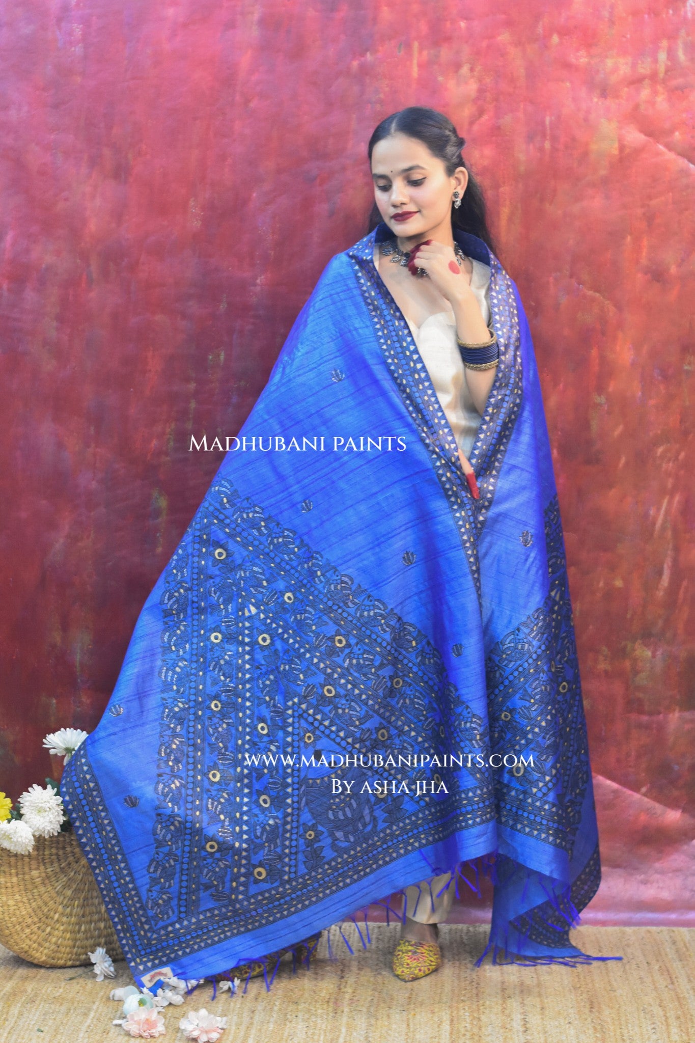 'NEEL SURMAI RANG' Handpainted Madhubani Tussar Silk Dupatta