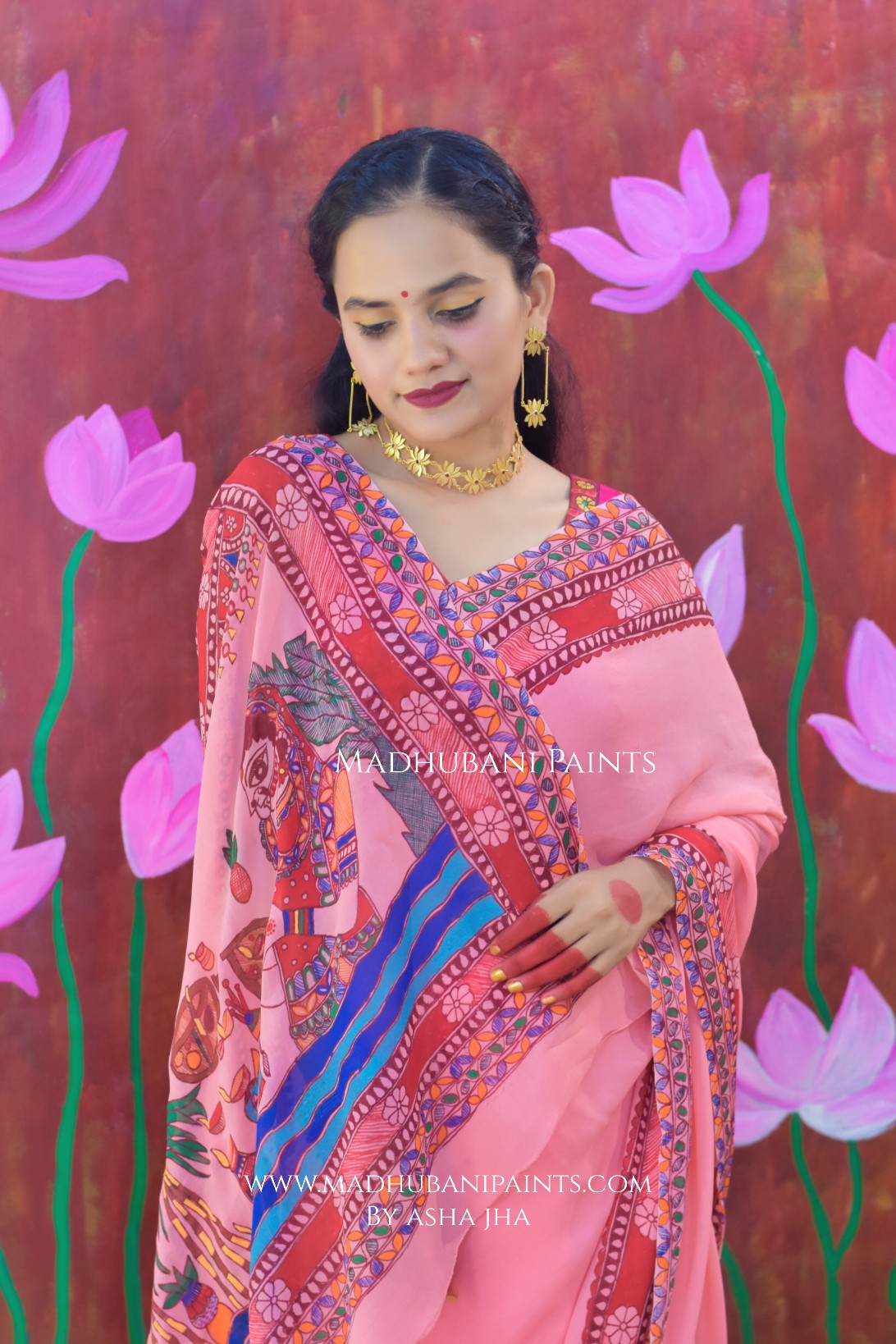 POOJA VIBHUTI Chhath Puja Handpainted Madhubani Georgette Saree