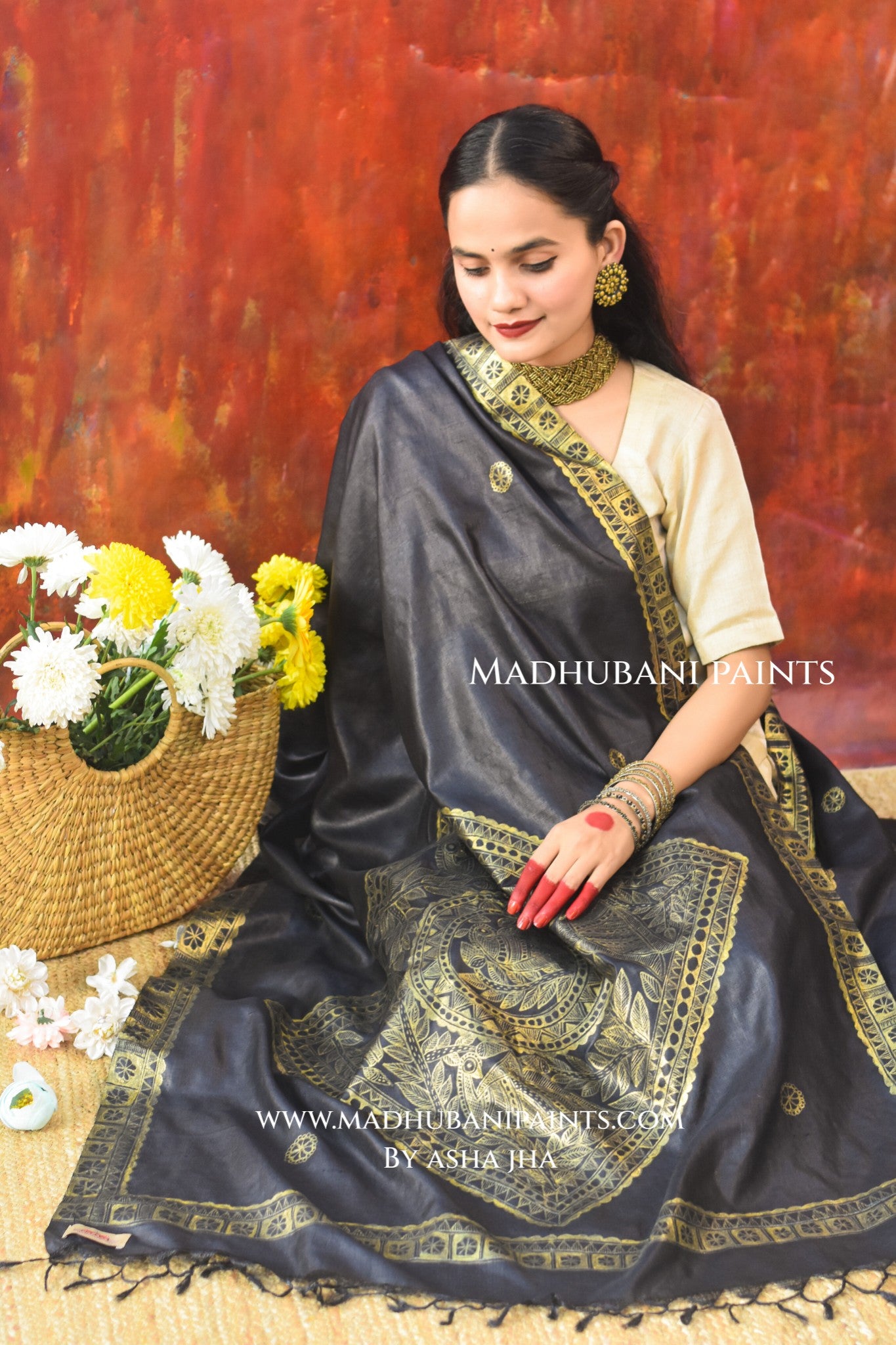 'KAALI MORNI' Handpainted Madhubani Tussar Silk Dupatta