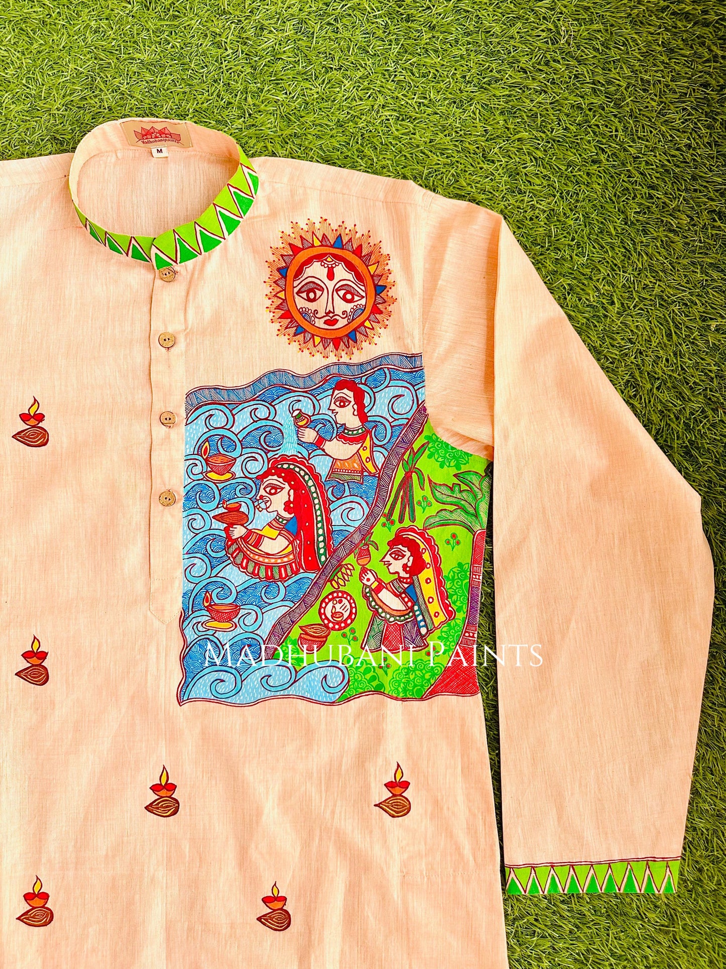 Peach Chhath Puja Hand-painted  Madhubani Men's Cotton Kurta