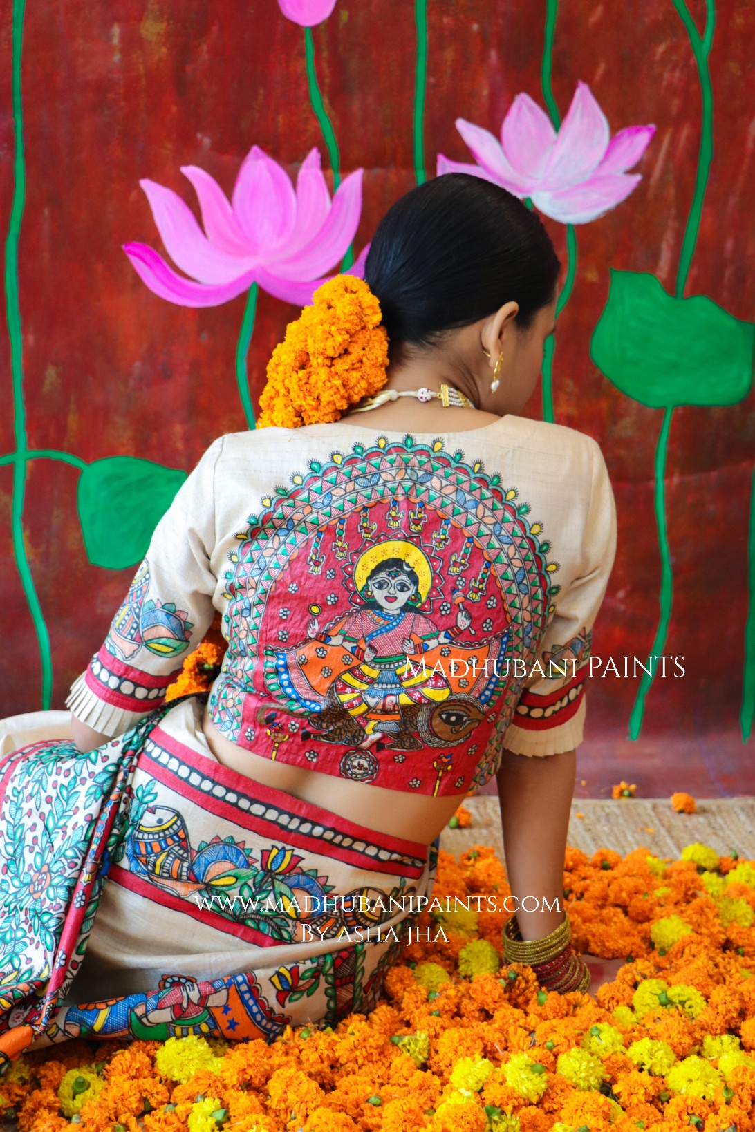 'MALINI' Handpainted Madhubani Tussar Silk Saree Blouse Set