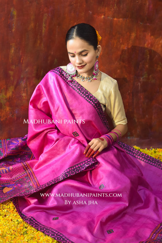 'GUDIYA MOR MACHLI' Handpainted Madhubani Tussar Silk Dupatta