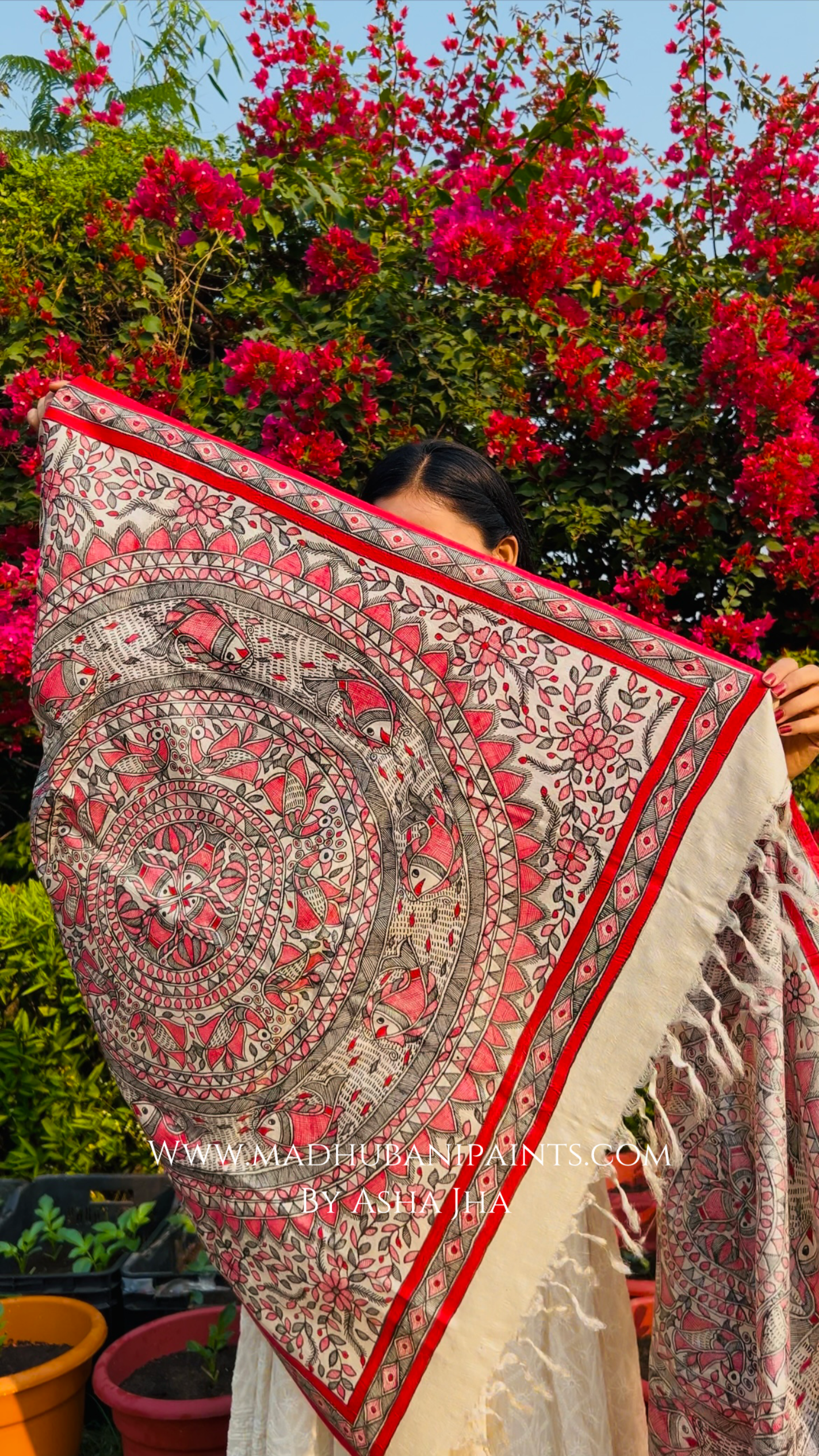 'PRAKRITIK SANGEET' Handpainted Madhubani Tussar Silk Dupatta