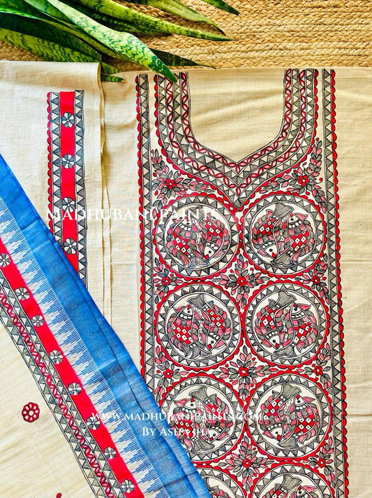 Mithila Maach Hand-painted Madhubani Painting Cotton Unstitched Kurta Pant Dupatta Set