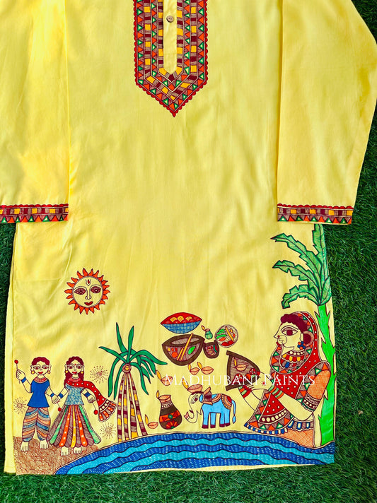 Yellow Chhath Puja Hand-painted  Madhubani Men's Cotton Kurta