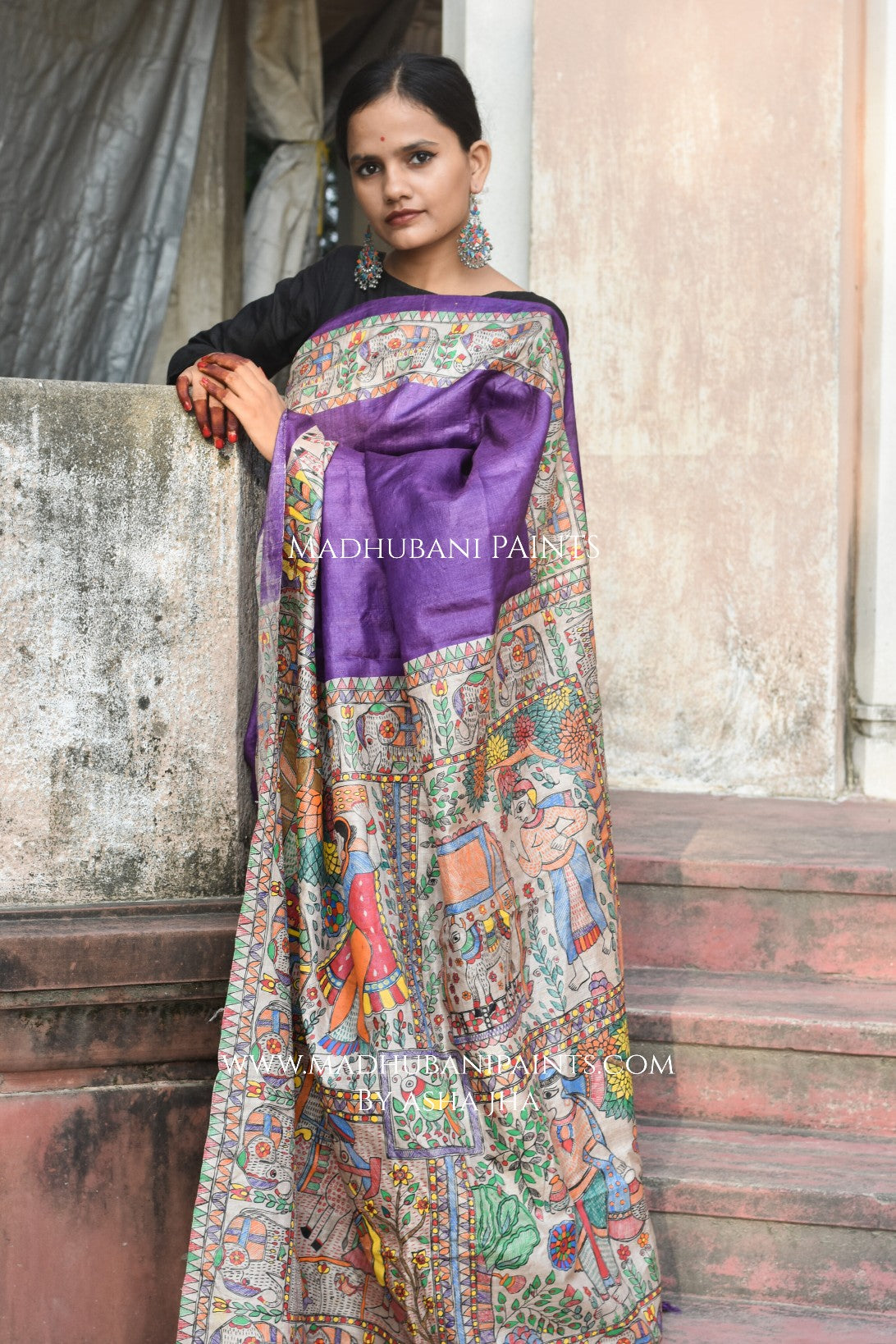 Gaon Ghaar Madhubani Hand-painted Tussar Silk Saree