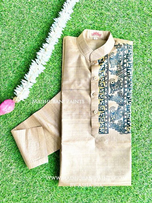 Golden Mithila Border Hand-painted Handloom Men's Tussar Silk Kurta