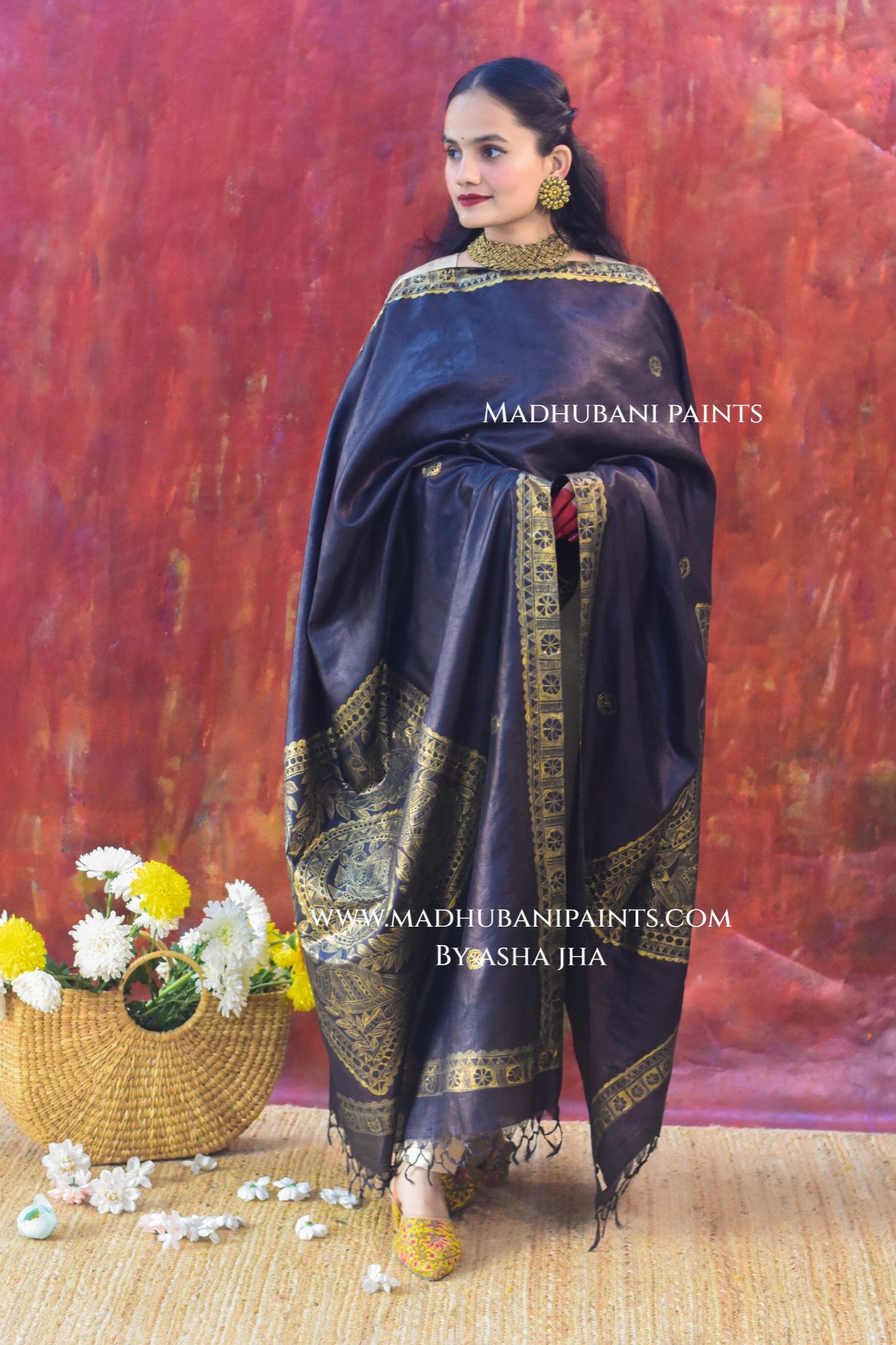 'KAALI MORNI' Handpainted Madhubani Tussar Silk Dupatta