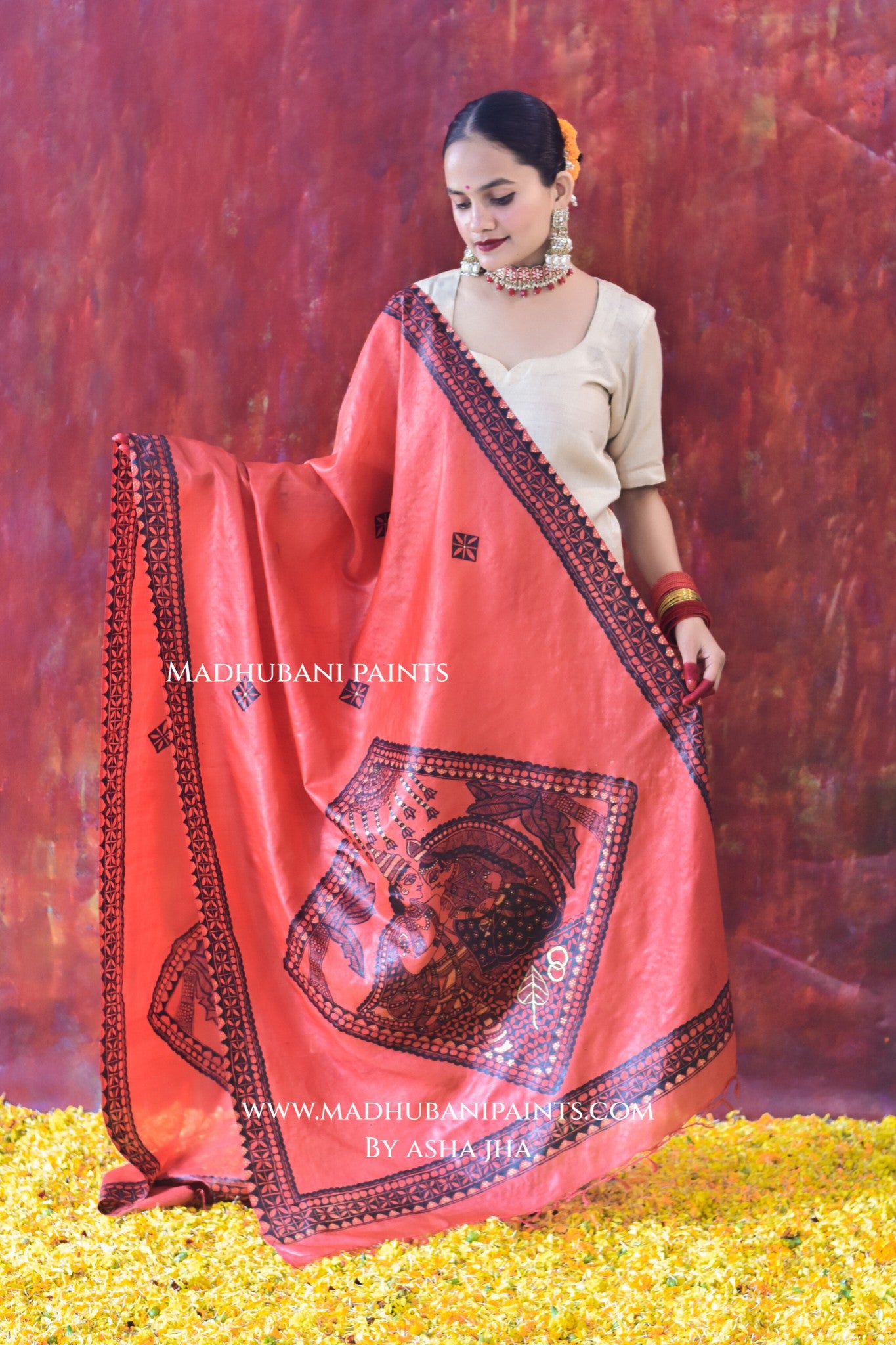 'DULHA DULHIN' Handpainted Madhubani Tussar Silk Dupatta