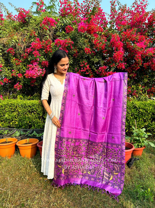 'MANMOHANI MAYURI' Handpainted Madhubani Tussar Silk Dupatta