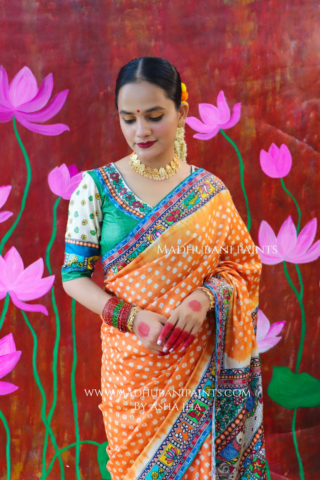 "BHARAT KA DUSSEHRA" Handpainted Madhubani Bandhini Tussar Silk Saree