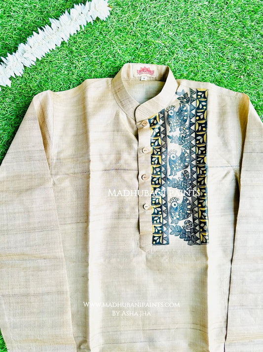 Golden Mithila Border Hand-painted Handloom Men's Tussar Silk Kurta